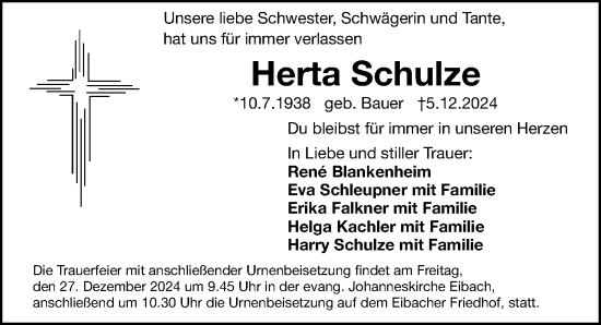 Traueranzeige von Herta Schulze von Gesamtausgabe Nürnberger Nachrichten/ Nürnberger Ztg.