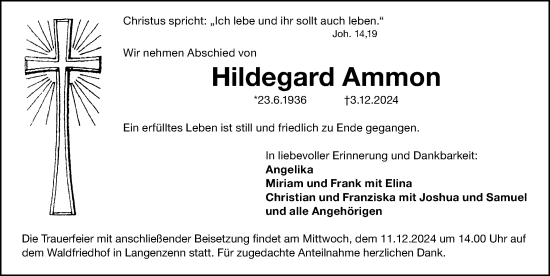 Traueranzeige von Hildegard Ammon von Fürther Nachrichten Lokal