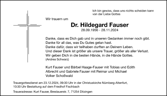 Traueranzeige von Hildegard Fauser von Gesamtausgabe Nürnberger Nachrichten/ Nürnberger Ztg.