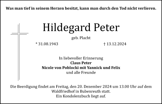 Traueranzeige von Hildegard Peter von Erlanger Nachrichten Lokal