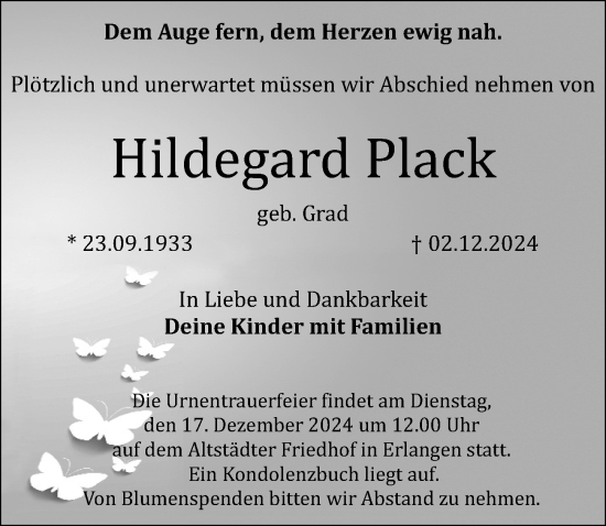 Traueranzeige von Hildegard Plack von Erlanger Nachrichten Lokal