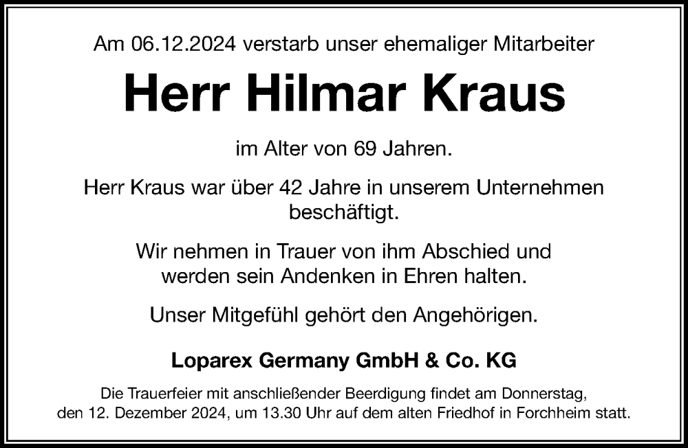  Traueranzeige für Hilmar Kraus vom 11.12.2024 aus Nordbayerische Nachrichten Forchheim Lokal