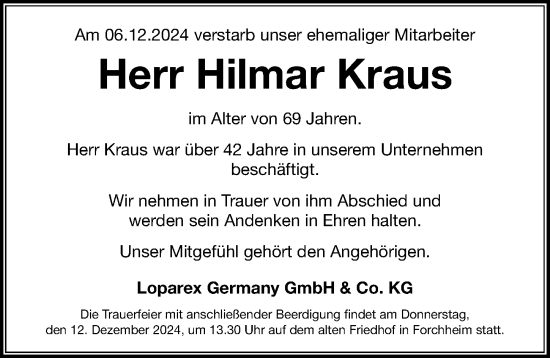 Traueranzeige von Hilmar Kraus von Nordbayerische Nachrichten Forchheim Lokal