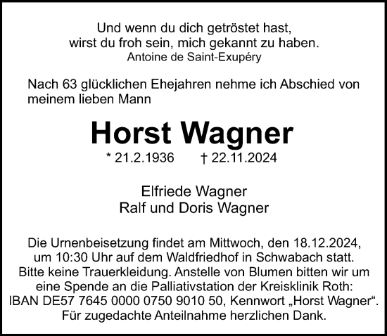 Traueranzeige von Horst Wagner von Schwabacher Tagblatt Lokal