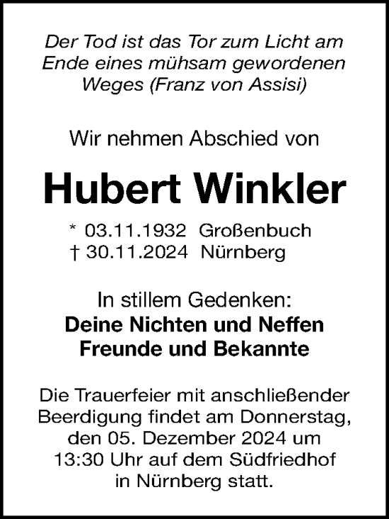 Traueranzeige von Hubert Winkler von Gesamtausgabe Nürnberger Nachrichten/ Nürnberger Ztg.
