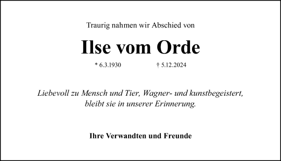 Traueranzeige von Ilse vom Orde von Fürther Nachrichten Lokal