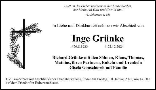 Traueranzeige von Inge Grünke von Erlanger Nachrichten Lokal