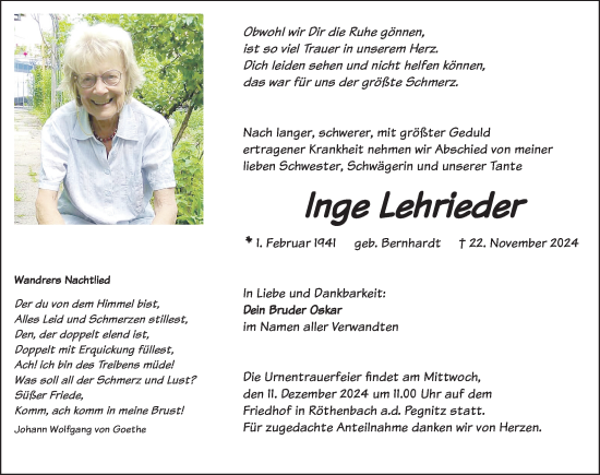 Traueranzeige von Inge Lehrieder von Gesamtausgabe Nürnberger Nachrichten/ Nürnberger Ztg.