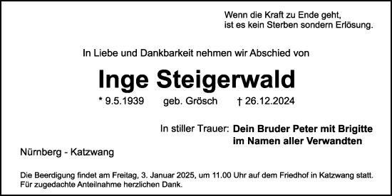 Traueranzeige von Inge Steigerwald von Gesamtausgabe Nürnberger Nachrichten/ Nürnberger Ztg.