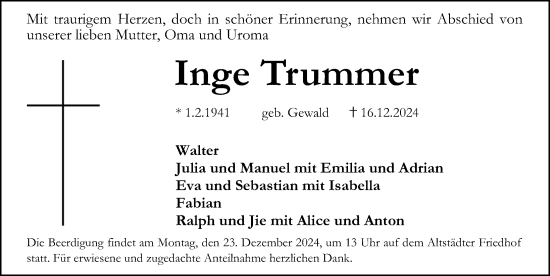 Traueranzeige von Inge Trummer von Erlanger Nachrichten Lokal