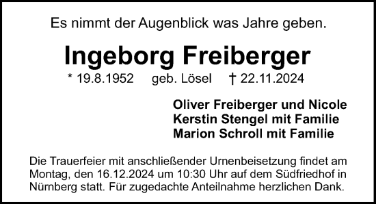 Traueranzeige von Ingeborg Freiberger von Gesamtausgabe Nürnberger Nachrichten/ Nürnberger Ztg.