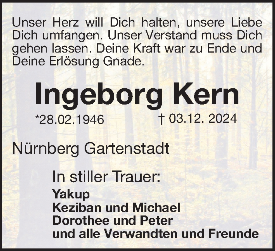 Traueranzeige von Ingeborg Kern von Gesamtausgabe Nürnberger Nachrichten/ Nürnberger Ztg.