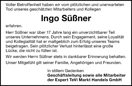 Traueranzeige von Ingo Süßner von Gesamtausgabe Nürnberger Nachrichten/ Nürnberger Ztg.