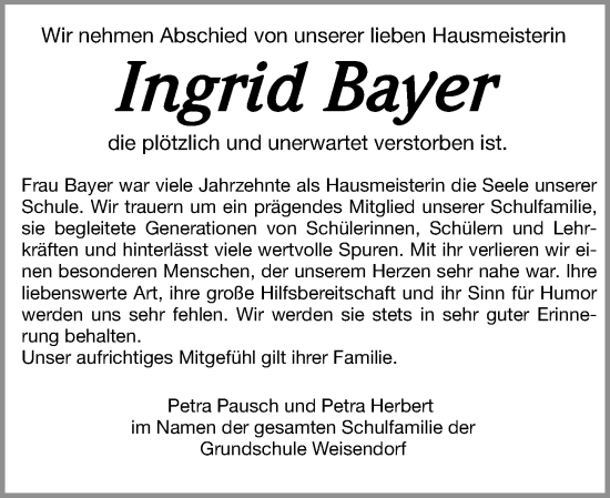 Traueranzeige von Ingrid Bayer von Erlanger Nachrichten Lokal