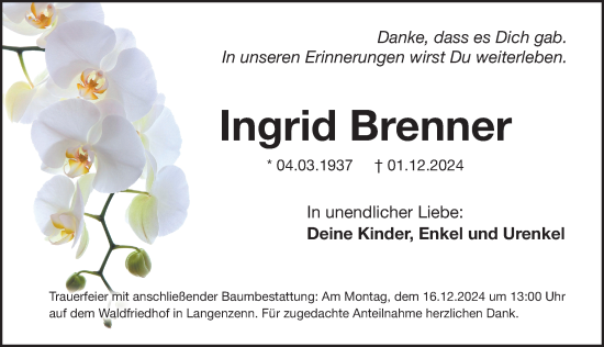 Traueranzeige von Ingrid Brenner von Fürther Nachrichten Lokal