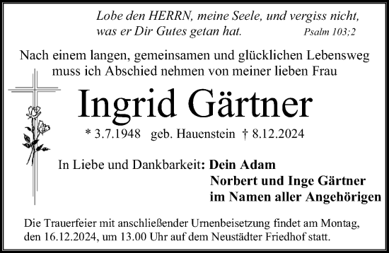 Traueranzeige von Ingrid Gärtner von Erlanger Nachrichten Lokal