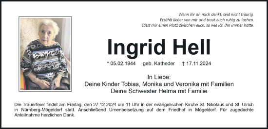 Traueranzeige von Ingrid Hell von Gesamtausgabe Nürnberger Nachrichten/ Nürnberger Ztg.