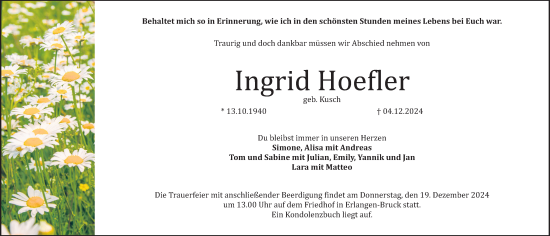Traueranzeige von Ingrid Hoefler von Erlanger Nachrichten Lokal