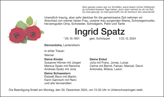 Traueranzeige von Ingrid Spatz von Altmühl-Bote Lokal