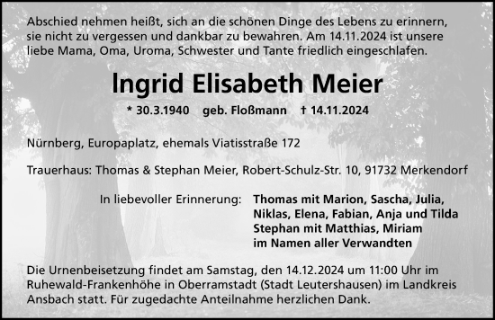 Traueranzeige von Ingrid Elisabeth Meier von Gesamtausgabe Nürnberger Nachrichten/ Nürnberger Ztg.