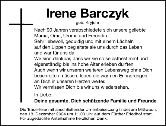 Traueranzeige von Irene Barczyk von Fürther Nachrichten Lokal