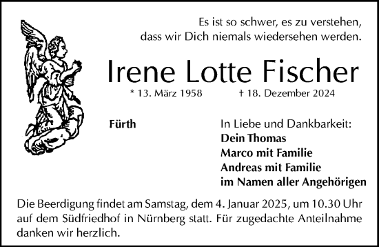 Traueranzeige von Irene  Fischer von Gesamtausgabe Nürnberger Nachrichten/ Nürnberger Ztg.