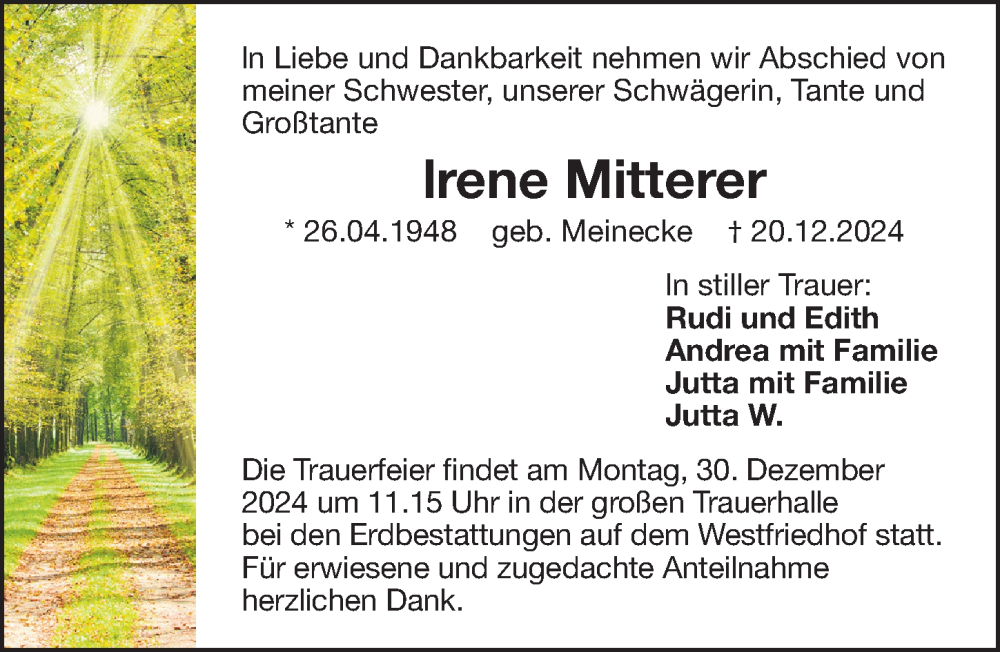  Traueranzeige für Irene Mitterer vom 28.12.2024 aus Gesamtausgabe Nürnberger Nachrichten/ Nürnberger Ztg.