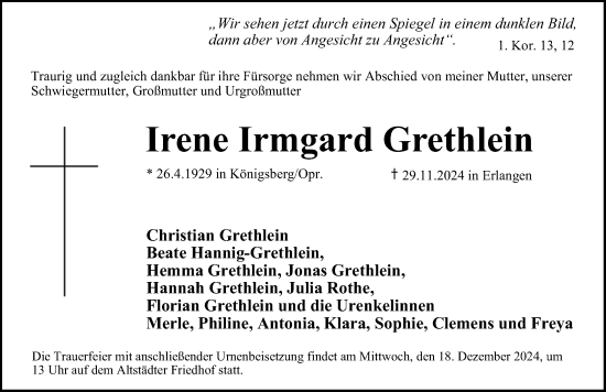 Traueranzeige von Irene Irmgard Grethlein von Erlanger Nachrichten Lokal