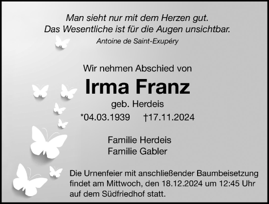 Traueranzeige von Irma Franz von Gesamtausgabe Nürnberger Nachrichten/ Nürnberger Ztg.