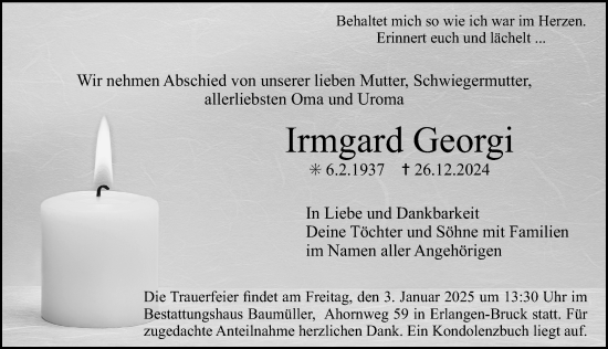 Traueranzeige von Irmgard Georgi von Erlanger Nachrichten Lokal