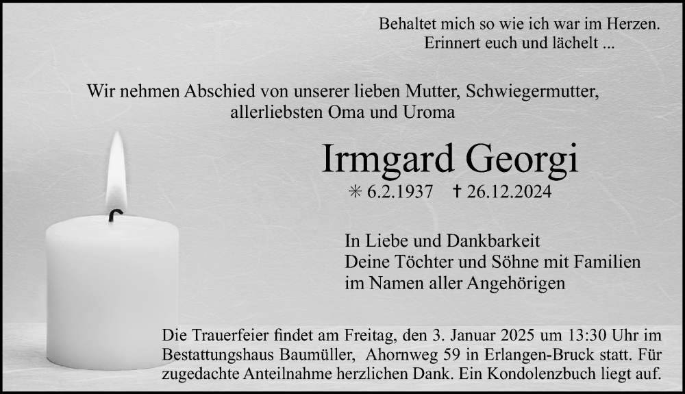  Traueranzeige für Irmgard Georgi vom 28.12.2024 aus Erlanger Nachrichten Lokal