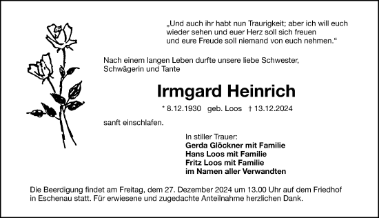 Traueranzeige von Irmgard Heinrich von Gesamtausgabe Nürnberger Nachrichten/ Nürnberger Ztg.