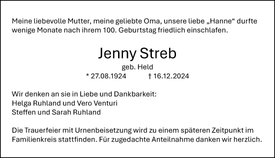 Traueranzeige von Jenny Streb von Fürther Nachrichten Lokal