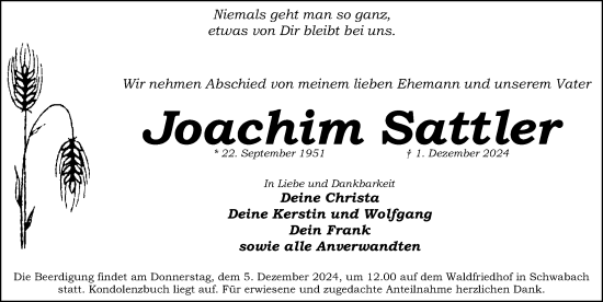 Traueranzeige von Joachim Sattler von Schwabacher Tagblatt Lokal