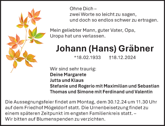 Traueranzeige von Johann Gräbner von Gesamtausgabe Nürnberger Nachrichten/ Nürnberger Ztg.