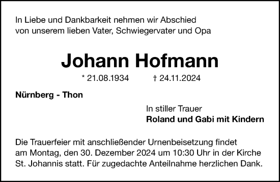 Traueranzeige von Johann Hofmann von Gesamtausgabe Nürnberger Nachrichten/ Nürnberger Ztg.