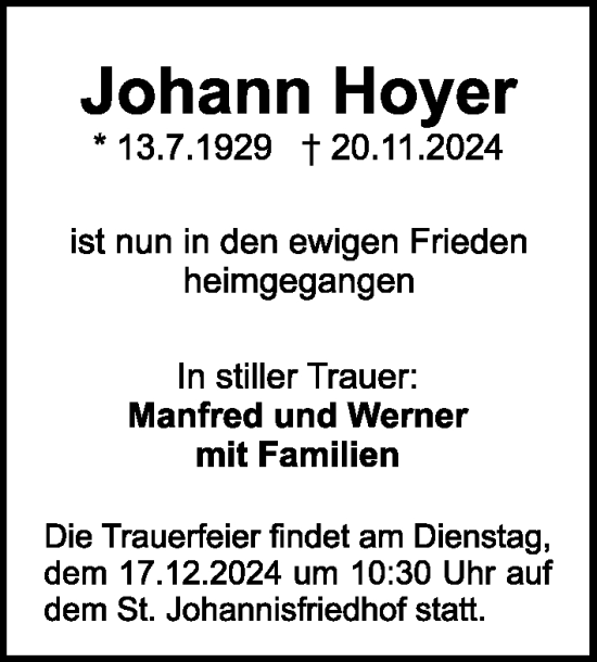 Traueranzeige von Johann Hoyer von Gesamtausgabe Nürnberger Nachrichten/ Nürnberger Ztg.