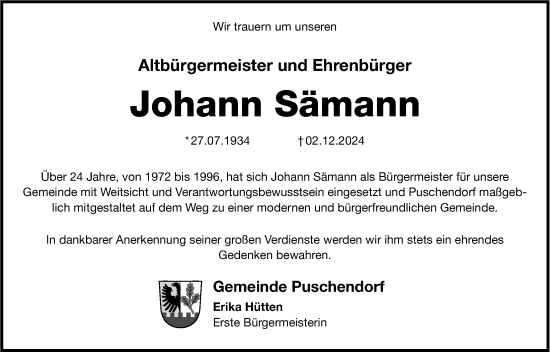 Traueranzeige von Johann Sämann von Fürther Nachrichten Lokal