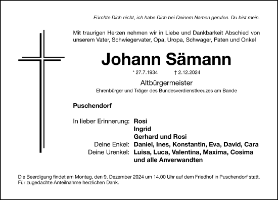 Traueranzeige von Johann Sämann von Fürther Nachrichten/ Gesamtausgabe Nürnberger Nachrichten/ Nürnberger Ztg.