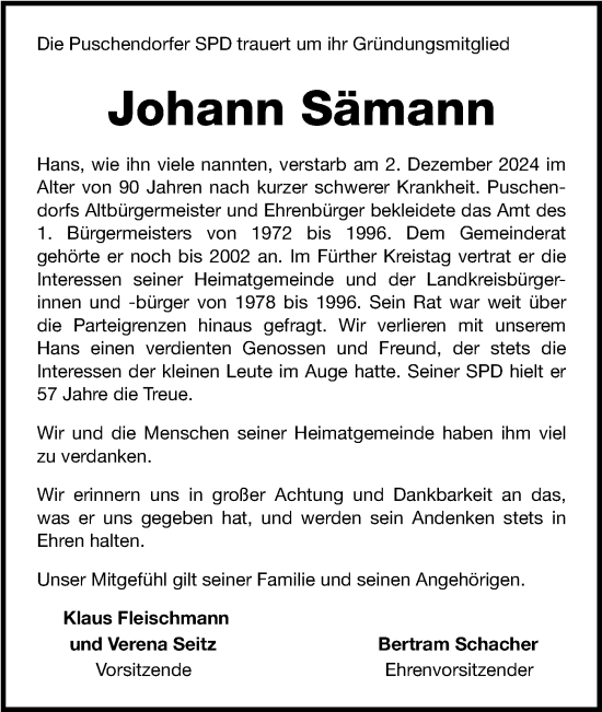 Traueranzeige von Johann Sämann von Fürther Nachrichten Lokal