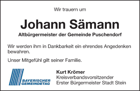 Traueranzeige von Johann Sämann von Fürther Nachrichten Lokal