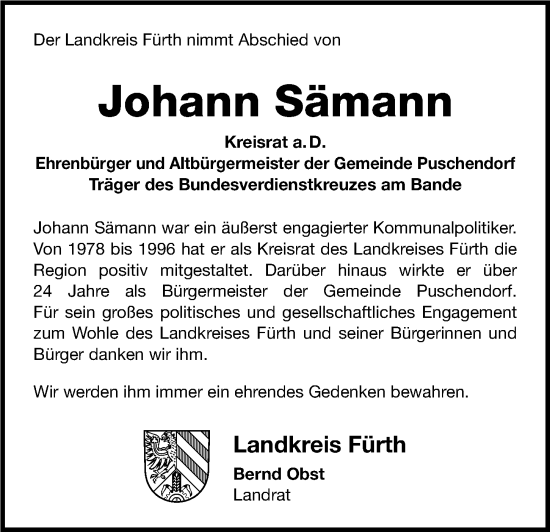 Traueranzeige von Johann Sämann von Fürther Nachrichten Lokal