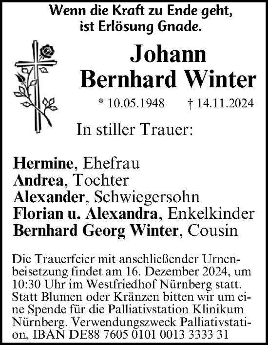 Traueranzeige von Johann Bernhard Winter von Gesamtausgabe Nürnberger Nachrichten/ Nürnberger Ztg.