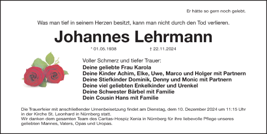 Traueranzeige von Johannes Lehrmann von Gesamtausgabe Nürnberger Nachrichten/ Nürnberger Ztg.