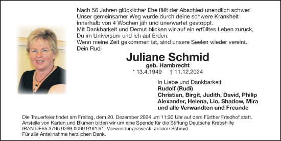 Traueranzeige von Juliane Schmid von Fürther Nachrichten Lokal