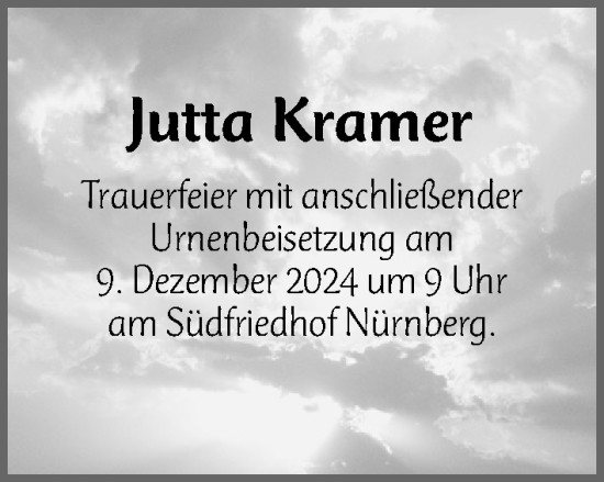 Traueranzeige von Jutta Kramer von Gesamtausgabe Nürnberger Nachrichten/ Nürnberger Ztg.