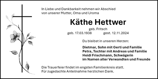 Traueranzeige von Käthe Hettwer von Gesamtausgabe Nürnberger Nachrichten/ Nürnberger Ztg.