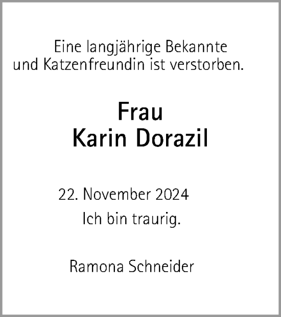 Traueranzeige von Karin Dorazil von Fürther Nachrichten Lokal