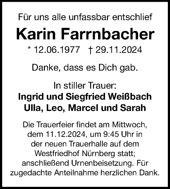 Traueranzeige von Karin Farrnbacher von Gesamtausgabe Nürnberger Nachrichten/ Nürnberger Ztg.