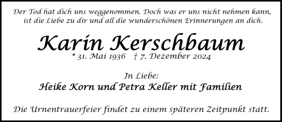 Traueranzeige von Karin Kerschbaum von Gesamtausgabe Nürnberger Nachrichten/ Nürnberger Ztg.